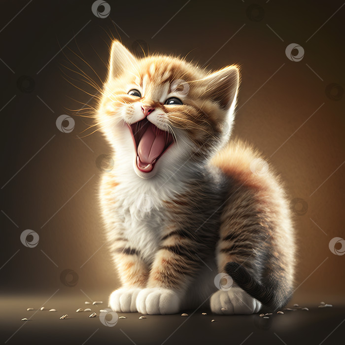 Милый котенок смеется. Маленький домашний котик малыш зевает или улыбается.  Генеративный искусственный интеллект. - Ozero - российский фотосток