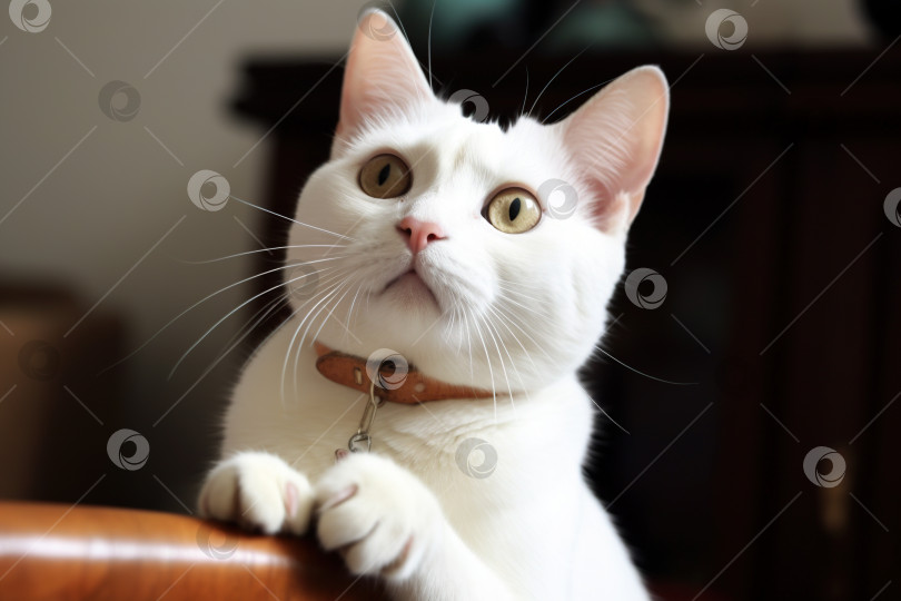 Скачать Кошка просит еды. Забавный милый котенок, выпрашивающий угощение. Генеративный искусственный интеллект. фотосток Ozero