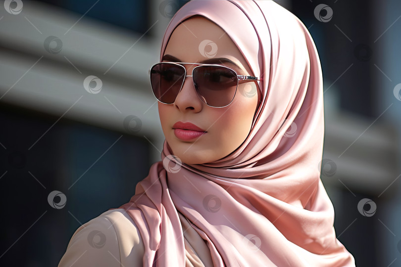 Скачать Красивая молодая мусульманка в традиционном головном платке и солнцезащитных очках. фотосток Ozero