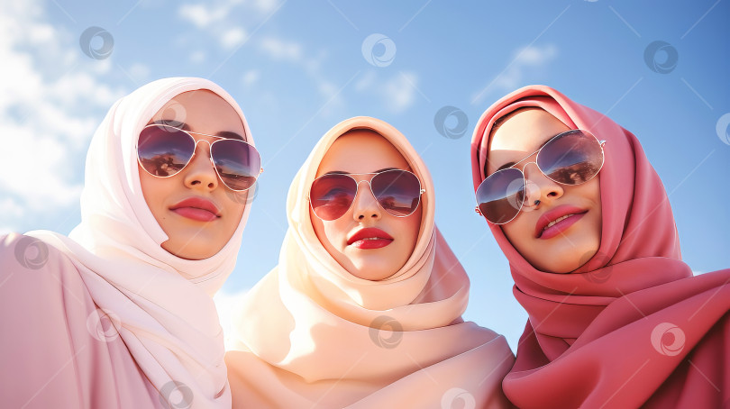 Скачать Три красивые молодые мусульманки в традиционных платках и солнцезащитных очках.  Созданный искусственный интеллект. фотосток Ozero