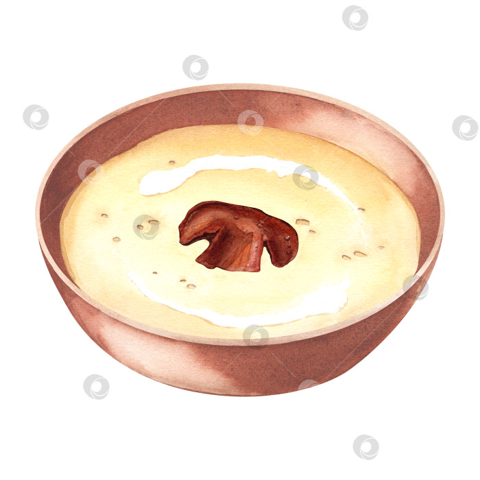 Скачать Коричневая керамическая миска для крем-супа. Суп из белых грибов или шампиньонов. Акварельная иллюстрация еды. Для оформления меню, кулинарных книг с рецептами фотосток Ozero