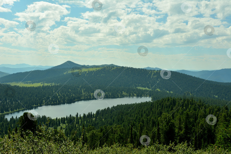 Скачать Ясным летним днем с высоты открывался вид на живописную горную тайгу и раскинувшееся вдоль нее красивое большое озеро. фотосток Ozero
