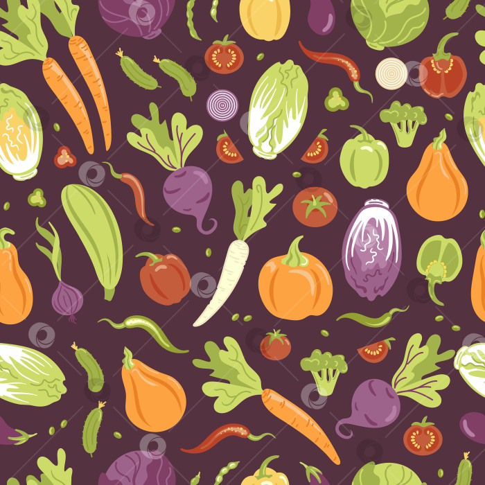 Скачать Pattern of vegetables in flat style. Various fresh vegetarian products. agriculture design elements. harvesting. healthy lifestyle. For wallpaper, printing on fabric, wrapping, background. фотосток Ozero