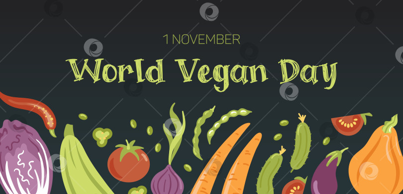 Скачать Vegan day. Horizontal banner with vegetables in cartoon style. Cabbage, zucchini, tomato, onion, carrot, bean, cucumber, eggplant, pumpkin. For advertising banner, website, poster, sale flyer. фотосток Ozero