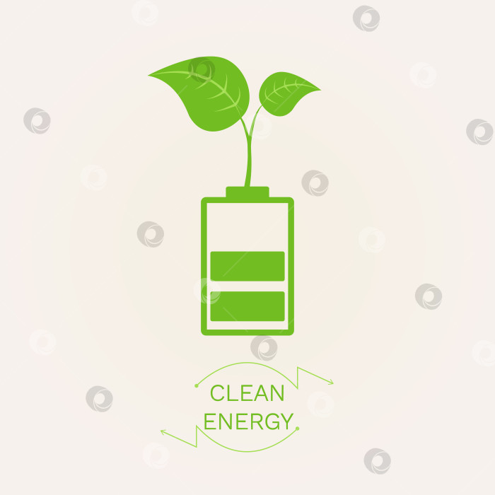 Скачать Векторная иллюстрация с растущим зеленым растением на батарее и текстом "Чистая энергия". фотосток Ozero