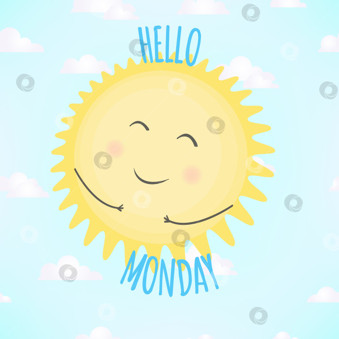 Скачать Векторная иллюстрация с улыбающимся солнцем и словом Hello Monday на синем фоне. фотосток Ozero