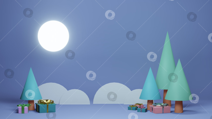 Скачать Шаблон рождественской открытки с елкой и подарками, 3d рендеринг фотосток Ozero