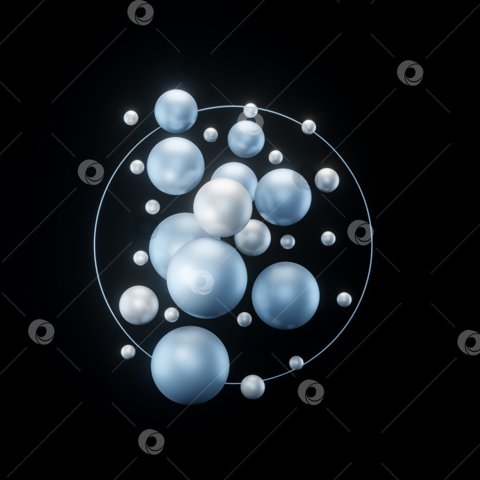 Скачать 3d-рендеринг плавающих синих сфер с металлической текстурой и рамкой на темном фоне фотосток Ozero