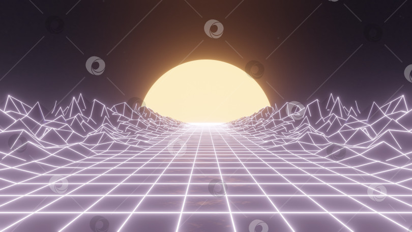 Скачать 3d-рендеринг, неоновая светящаяся геометрическая фигура, ретро-каркасный плакат фотосток Ozero