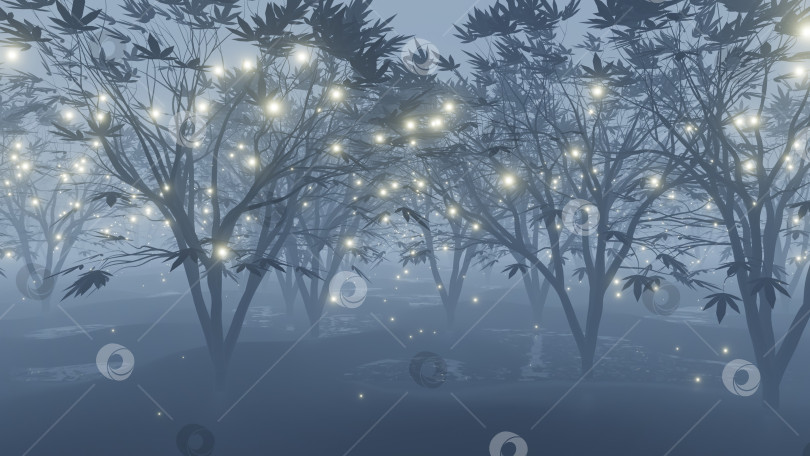 Скачать абстрактный мистический лес со светящимися частицами, 3d рендеринг фотосток Ozero
