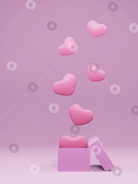 Скачать подарочная коробка с открыткой в виде розовых сердечек, 3d рендеринг фотосток Ozero