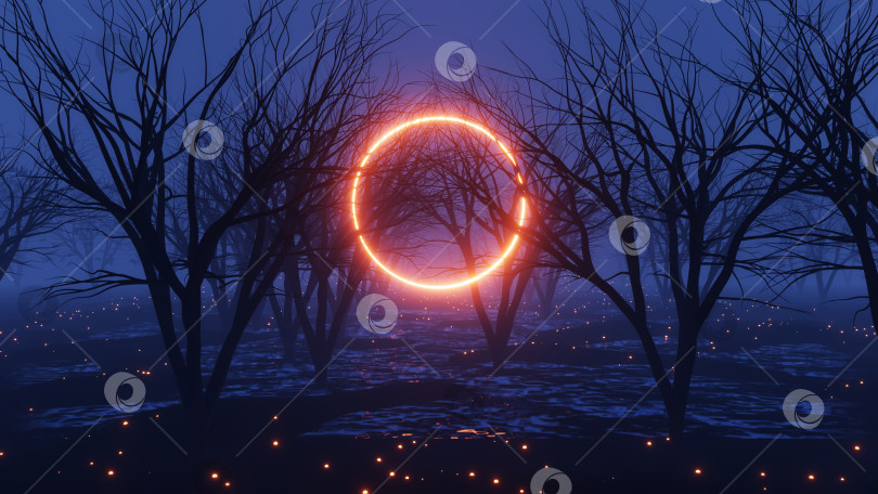 Скачать абстрактный мистический лес в темноте с туманом и светящейся рамкой фотосток Ozero