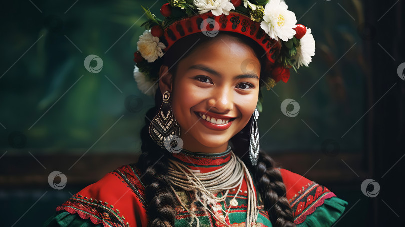 Скачать Красивая молодая перуанка в праздничной национальной одежде, улыбается. Созданный искусственный интеллект. фотосток Ozero