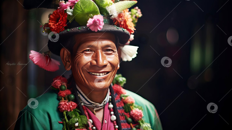 Скачать Перуанец в праздничной национальной одежде, улыбается.  Созданный искусственный интеллект. фотосток Ozero