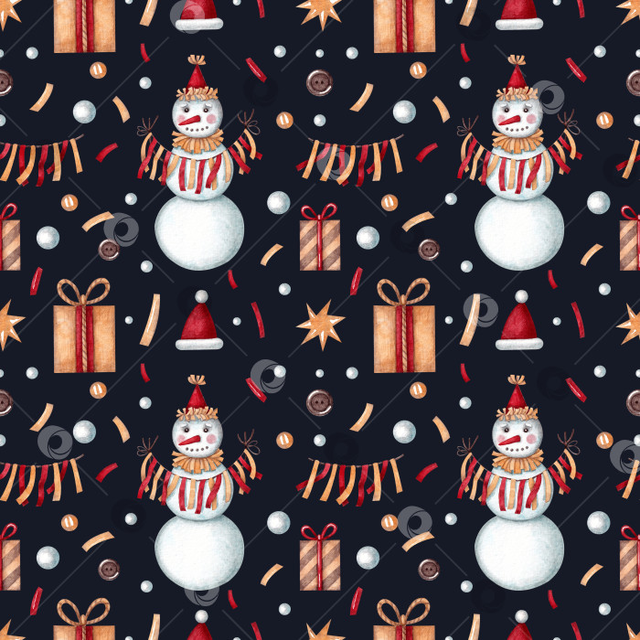 Скачать Seamless pattern with a snowman, gifts, garland and stars on a gray-blue background. фотосток Ozero