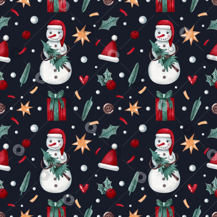 Скачать Бесшовный узор со снеговиком, рождественской елкой, подарками и звездами на темно-синем фоне. фотосток Ozero