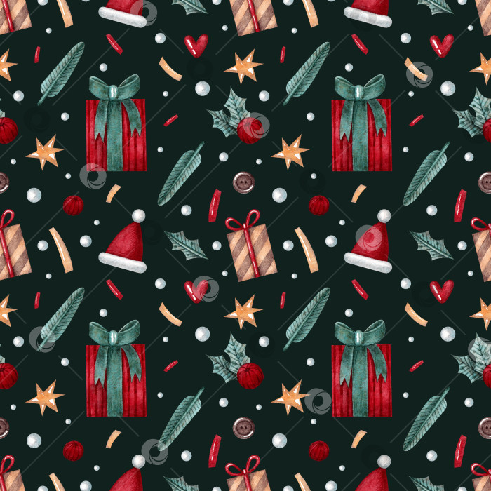 Скачать Seamless pattern with gifts, fir branches, stars and other elements on a green background. фотосток Ozero