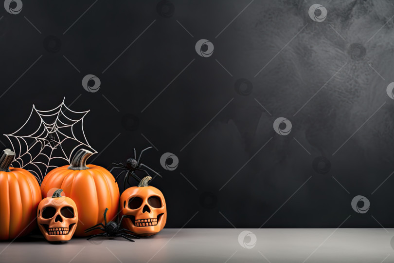 Скачать Праздничная сервировка стола на Хэллоуин с пауком и черным декором. Генеративный искусственный интеллект. фотосток Ozero