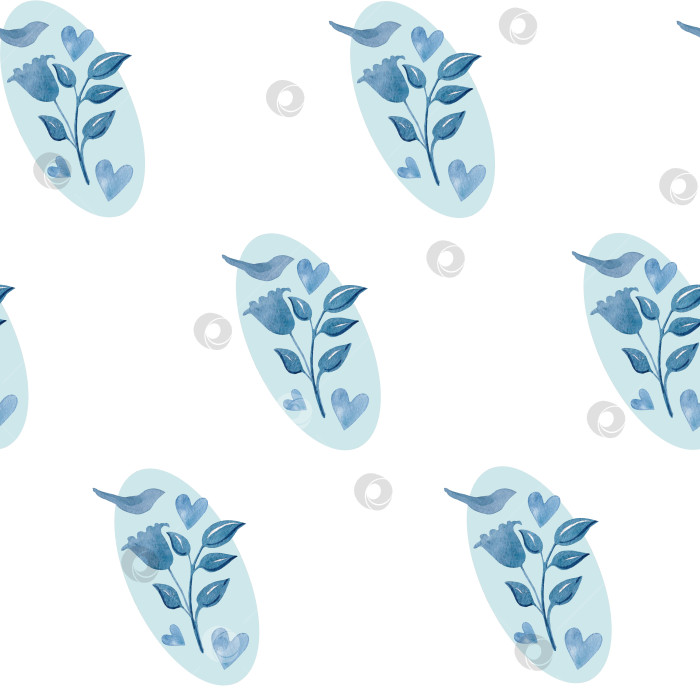 Скачать Акварельный бесшовный рисунок от руки с фантазийной композицией из синего силуэта птицы, синих листьев, колокольчиков и сердечек фотосток Ozero