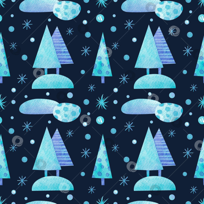 Скачать Бесшовный узор с декоративными рождественскими елками в сугробах на синем фоне. фотосток Ozero