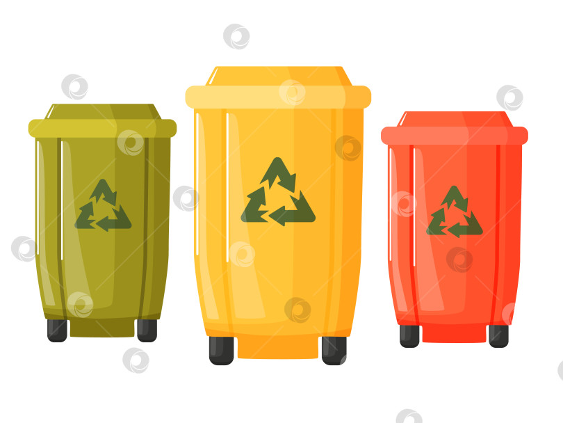 Скачать Разноцветные мусорные баки для вторичной переработки. Разделение видов отходов на вторичные. Разноцветные мусорные контейнеры для разных видов отходов. фотосток Ozero
