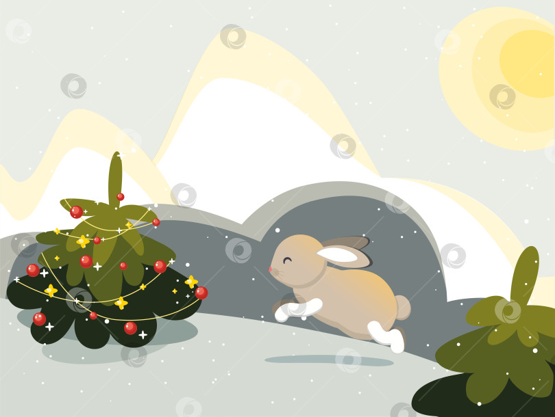 Скачать Кролик зимой в новогоднем лесу. Зимний вечерний пейзаж. Рождественская елка, украшенная к новому году. Векторная иллюстрация фотосток Ozero