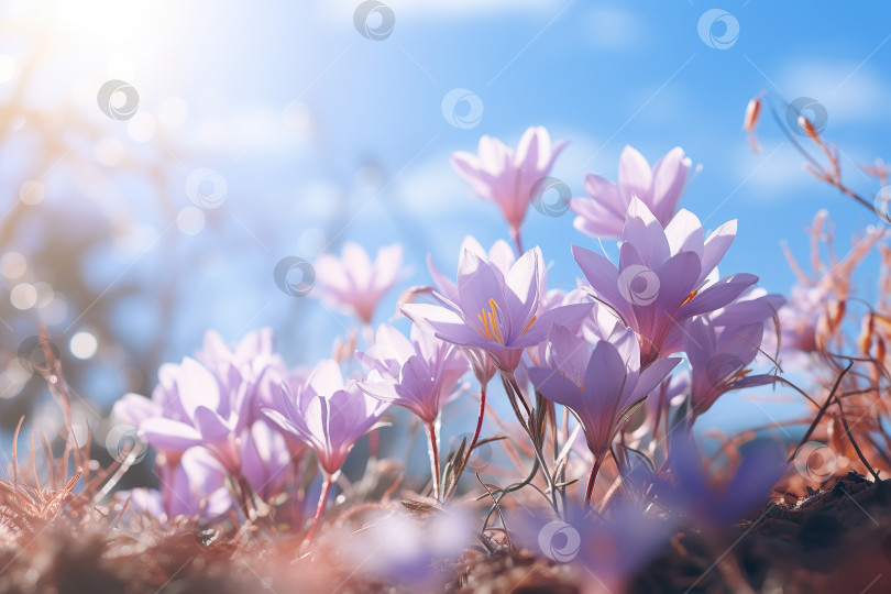 Скачать Естественный осенний фон с нежными сиреневыми цветами крокуса на фоне голубого неба. Иллюстрация генеративного искусственного интеллекта фотосток Ozero