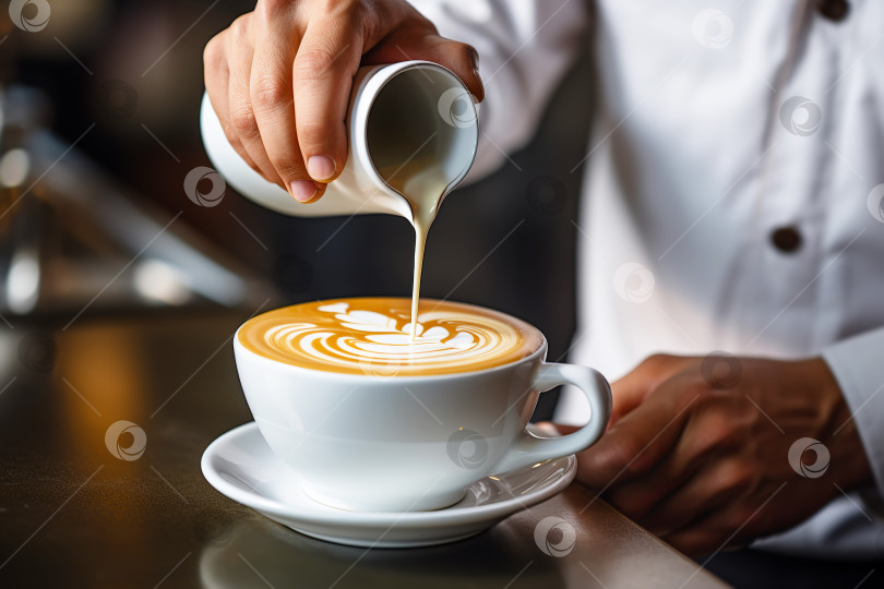 Скачать Профессиональный бариста наливает молоко в кофе. Искусство приготовления латте крупным планом. Иллюстрация генеративного искусственного интеллекта фотосток Ozero