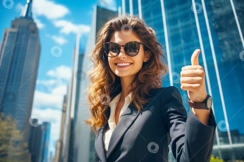 Скачать Счастливая успешная бизнесвумен показывает большие пальцы вверх в деловом районе среди небоскребов. Иллюстрация генеративного искусственного интеллекта фотосток Ozero