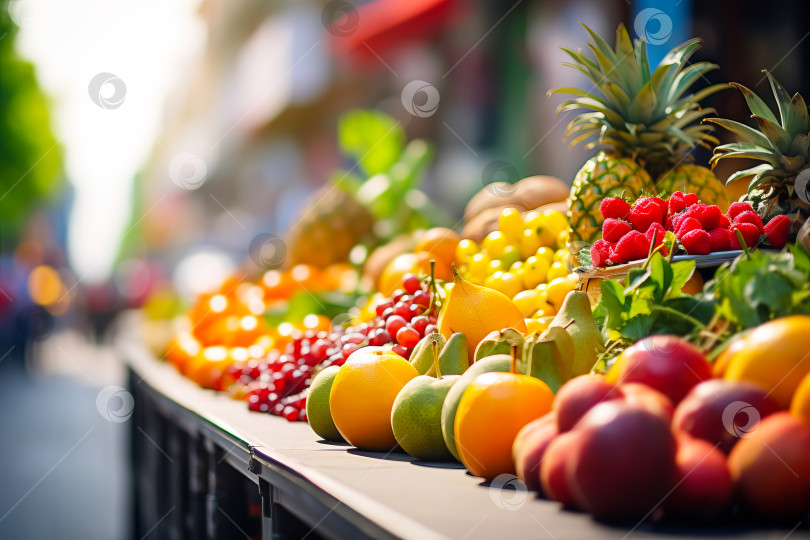 Скачать Местный рынок со свежими фермерскими продуктами. Фрукты крупным планом на уличном прилавке. Иллюстрация генеративного искусственного интеллекта фотосток Ozero