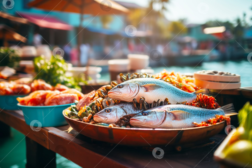 Скачать Местный рынок со свежими фермерскими продуктами. Морская рыба и морепродукты крупным планом на уличном прилавке. Иллюстрация генеративного искусственного интеллекта фотосток Ozero