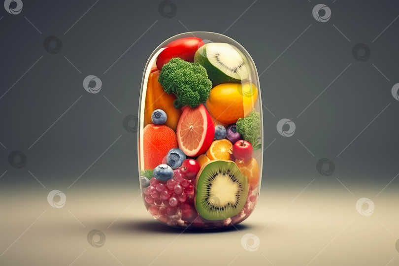 Скачать Красочная прозрачная капсула с фруктами, овощами и ягодами внутри. Иллюстрация генеративного искусственного интеллекта фотосток Ozero