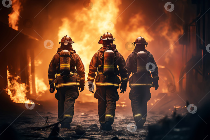 Скачать Героическая команда профессиональных пожарных на фоне стены огня. Иллюстрация генеративного искусственного интеллекта фотосток Ozero