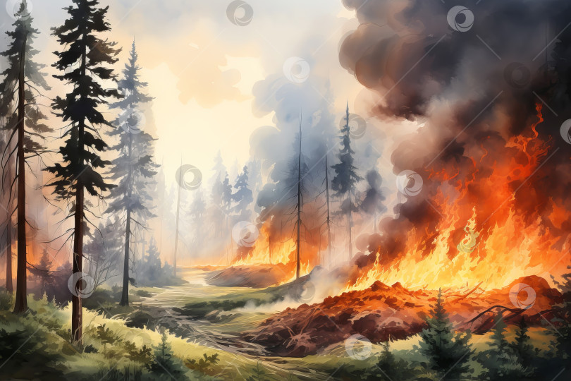 Скачать Пожар в хвойном лесу с огнем и дымом. Иллюстрация генеративного искусственного интеллекта фотосток Ozero