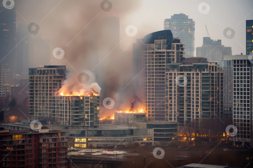 Скачать Большой пожар в городе. Горящие здания с огнем и дымом. Иллюстрация генеративного искусственного интеллекта фотосток Ozero