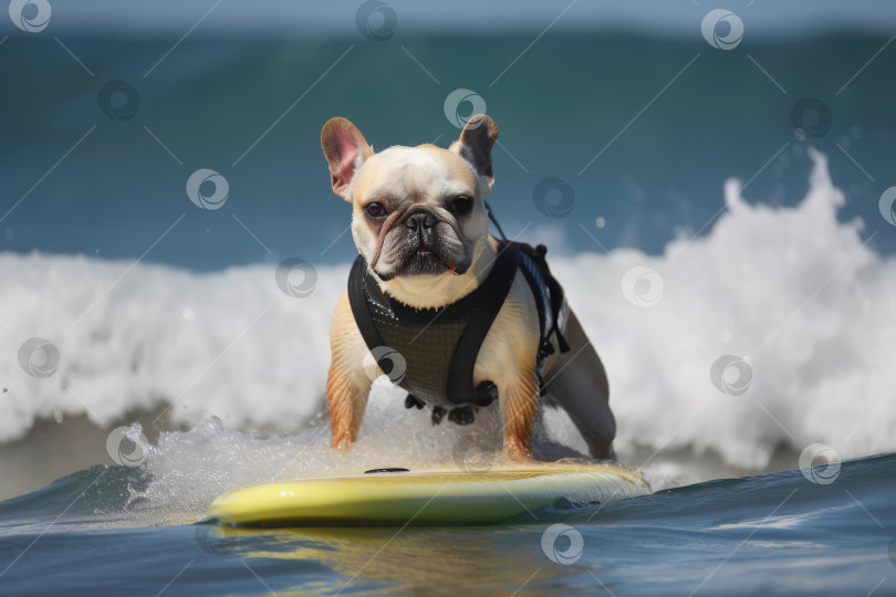 Скачать Забавная собачка катается на доске для серфинга по океанским волнам. Концепция летнего отдыха. Иллюстрация генеративного искусственного интеллекта фотосток Ozero