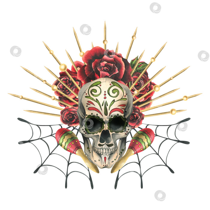 Скачать Человеческий череп с орнаментом, в золотой короне с лучами, с красными розами, паутиной и маракасами. Нарисованная от руки акварельная иллюстрация ко дню мертвых, Хэллоуину, Диа-де-лос-муэртос фотосток Ozero