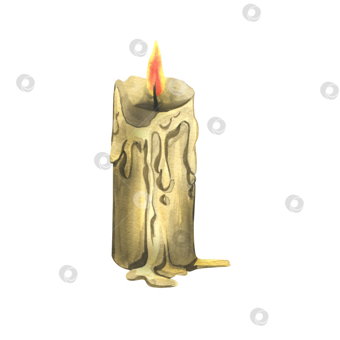 Скачать Простая свеча с горящим пламенем, каплями и подтеками воска. Нарисованная от руки акварельная иллюстрация ко дню мертвых, Хэллоуину, Диа-де-лос-муэртос. Изолированный объект на белом фоне фотосток Ozero