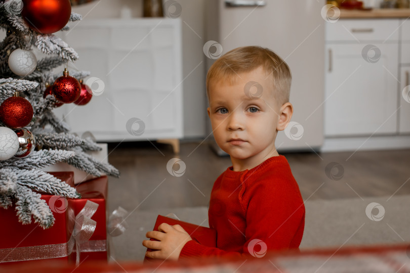 Скачать Портрет счастливого мальчика возле рождественской елки и подарков фотосток Ozero