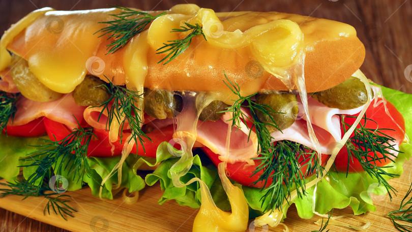 Скачать Бутерброд с овощами, нарезанной ветчиной и зеленью фотосток Ozero
