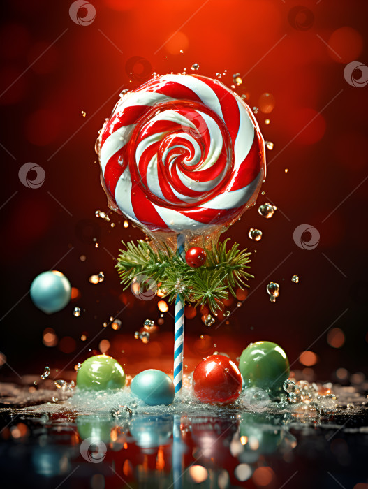 Скачать Красно-белый рождественский леденец на палочке на красном фоне в стиле боке. Праздничный креативный фон, расфокусированный свет. Разноцветные леденцовые конфеты на блестящем фоне рождественских огней. Рождественский вертикальный баннер фотосток Ozero