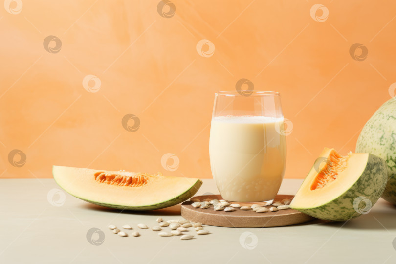 Скачать Семена дыни, молоко и семечки на оранжевом фоне фотосток Ozero