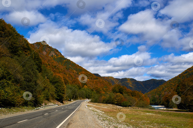 Скачать Дорога и река на фоне желто-зеленых гор и голубого неба фотосток Ozero
