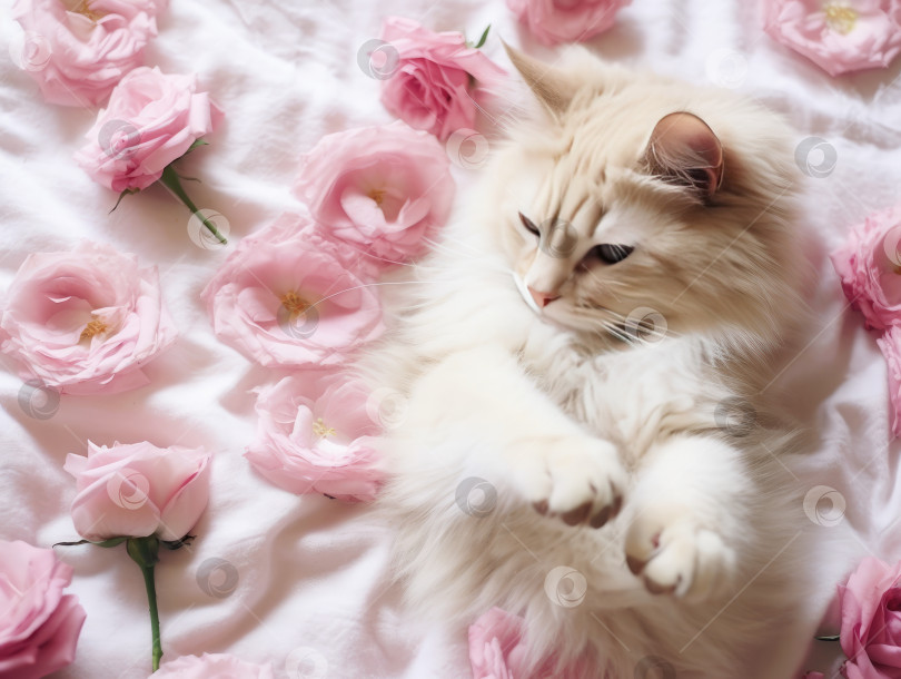 Скачать Пушистый белый кот лежит на кровати с розовыми розами и лепестками. генерация искусственного интеллекта фотосток Ozero