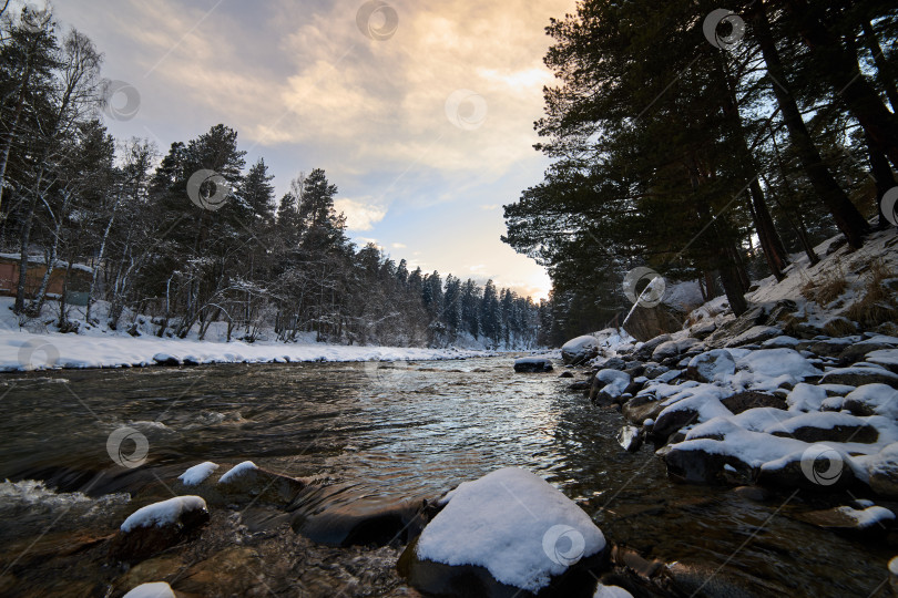 Скачать Зимняя горная река со снегом и зеленой водой на закате. Река Большой Зеленчук. Россия. фотосток Ozero