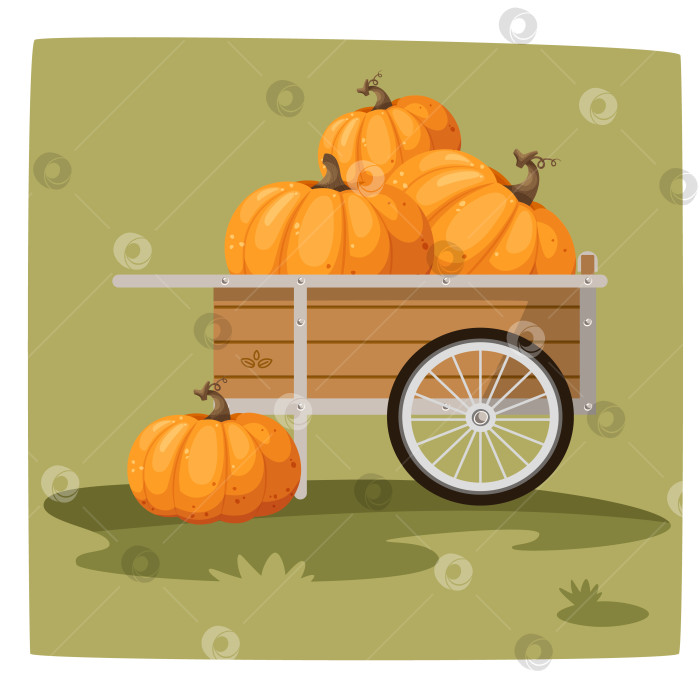 Скачать Оранжевая тыква в садовой тачке, векторная иллюстрация в мультяшном, плоском стиле. Осенний сбор урожая. Тыква на Хэллоуин. Тыква на День благодарения. фотосток Ozero