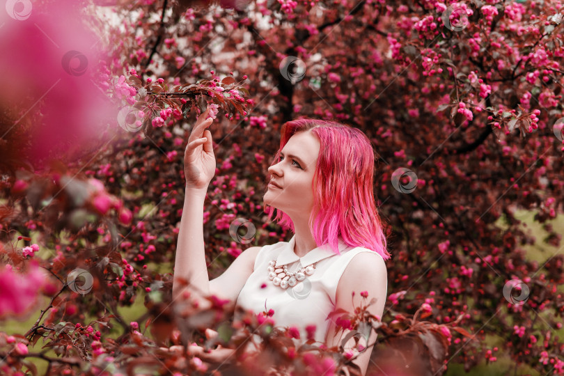 Скачать Молодая девушка с розовыми волосами в яблоневом саду. Красивая молодая девушка в цветущем саду с розовыми яблонями. фотосток Ozero