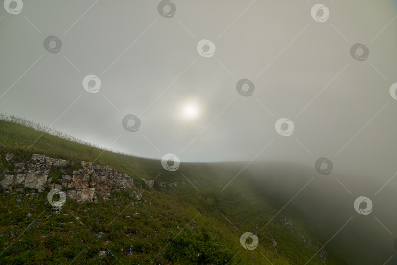 Скачать Солнце видно сквозь туман над зеленым горным хребтом фотосток Ozero