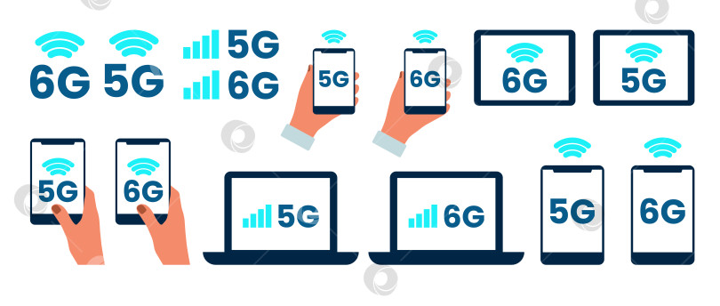 Скачать Значки 5G, 6G, телефон, ноутбук, планшет, телефон, который вы держите в руке. Логотип высокоскоростного Wi-Fi или беспроводной сети. Символ технологии мобильного интернета. Векторная плоская иллюстрация. фотосток Ozero