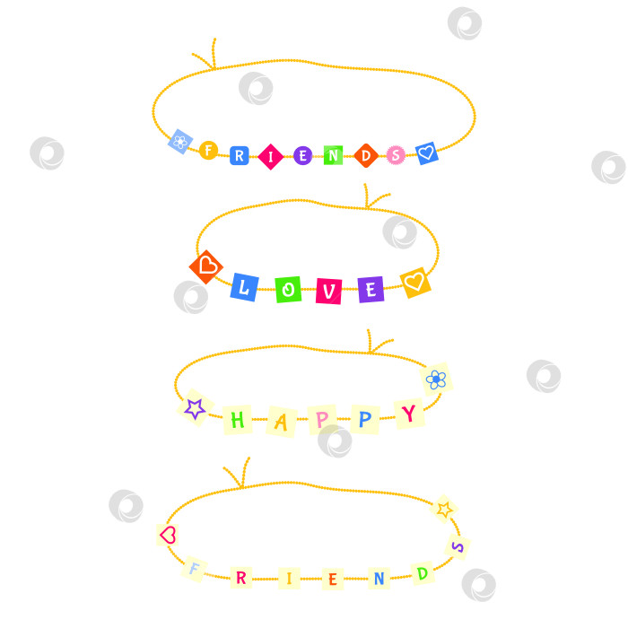 Скачать Браслеты, фенечки с надписями Friends, Happy, Love в ярких неоновых цветах в стиле 90-х. Эстетика кидкора, стиль y2k. Модная иллюстрация для хлопка, маркетинга в социальных сетях, брендинга, упаковки, обложек. Векторное искусство фотосток Ozero